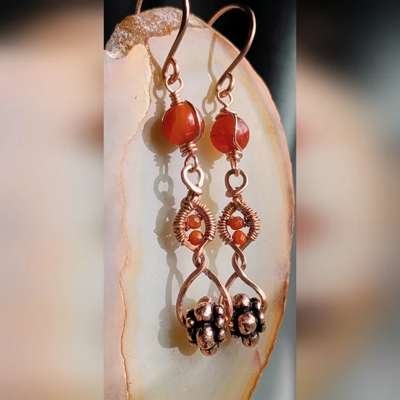 Copper Dangle Earrings Orange-Red Carnelian Agate Artisan Crafted - Picture 2 of 16